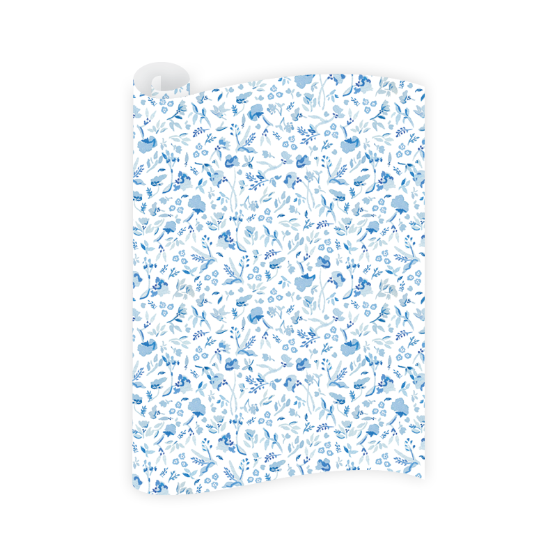 Wrapping paper with blue floral pattern on a white background