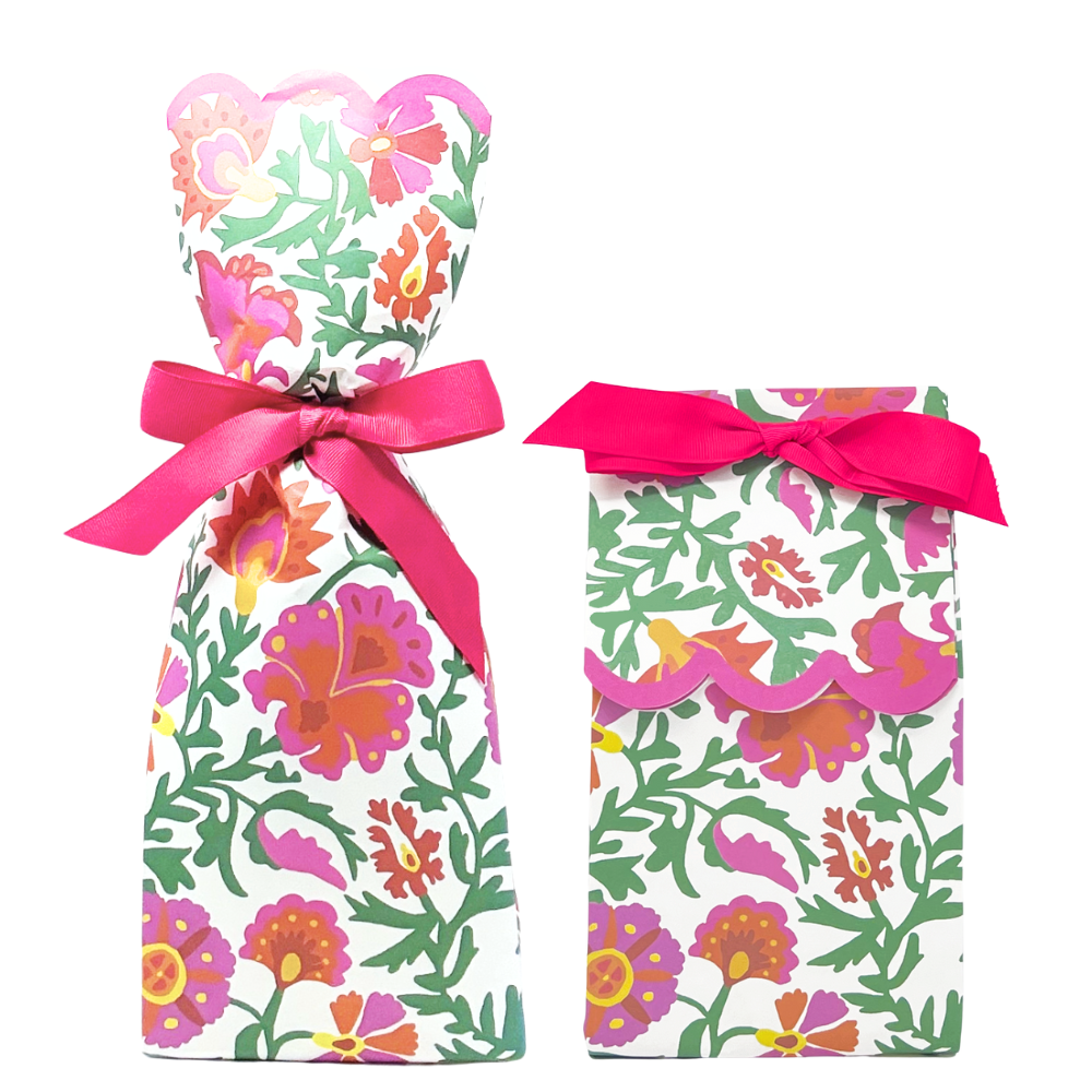 Floral wine bag with pink ribbon on a white background