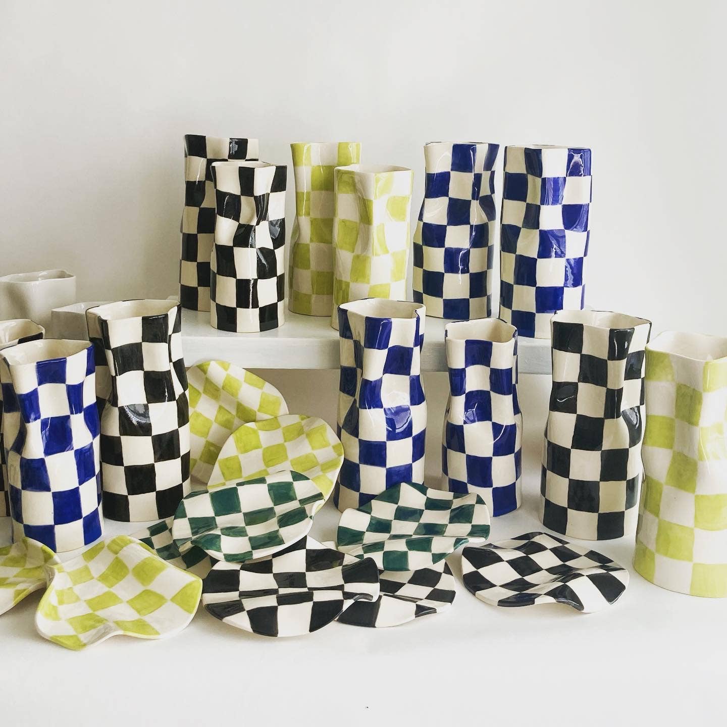 Alicja Ceramics - Ceramic Vase with checkers: Small / navy blue