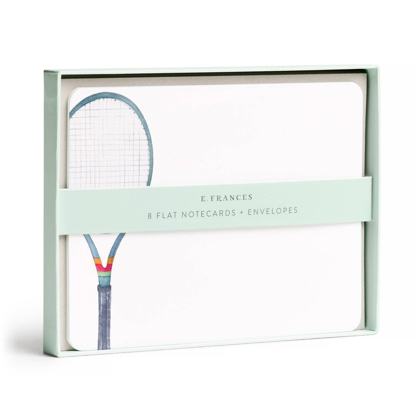 Packaging of E. Frances flat notecards with envelopes featuring a colorful tennis racket design.