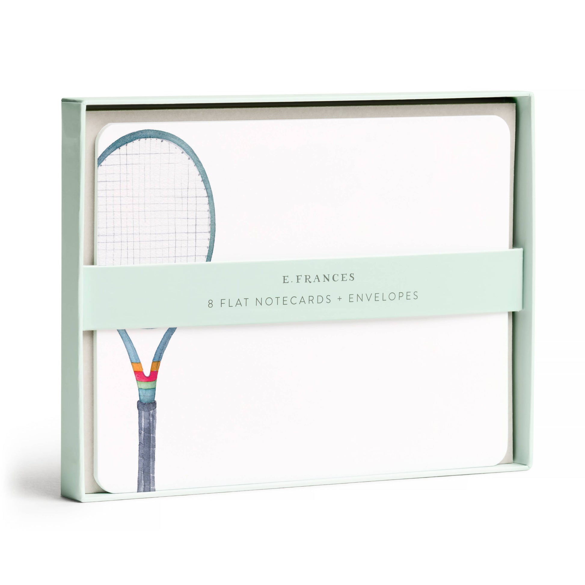 Packaging of E. Frances flat notecards with envelopes featuring a colorful tennis racket design.
