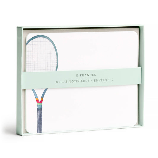 Packaging of E. Frances flat notecards with envelopes featuring a colorful tennis racket design.