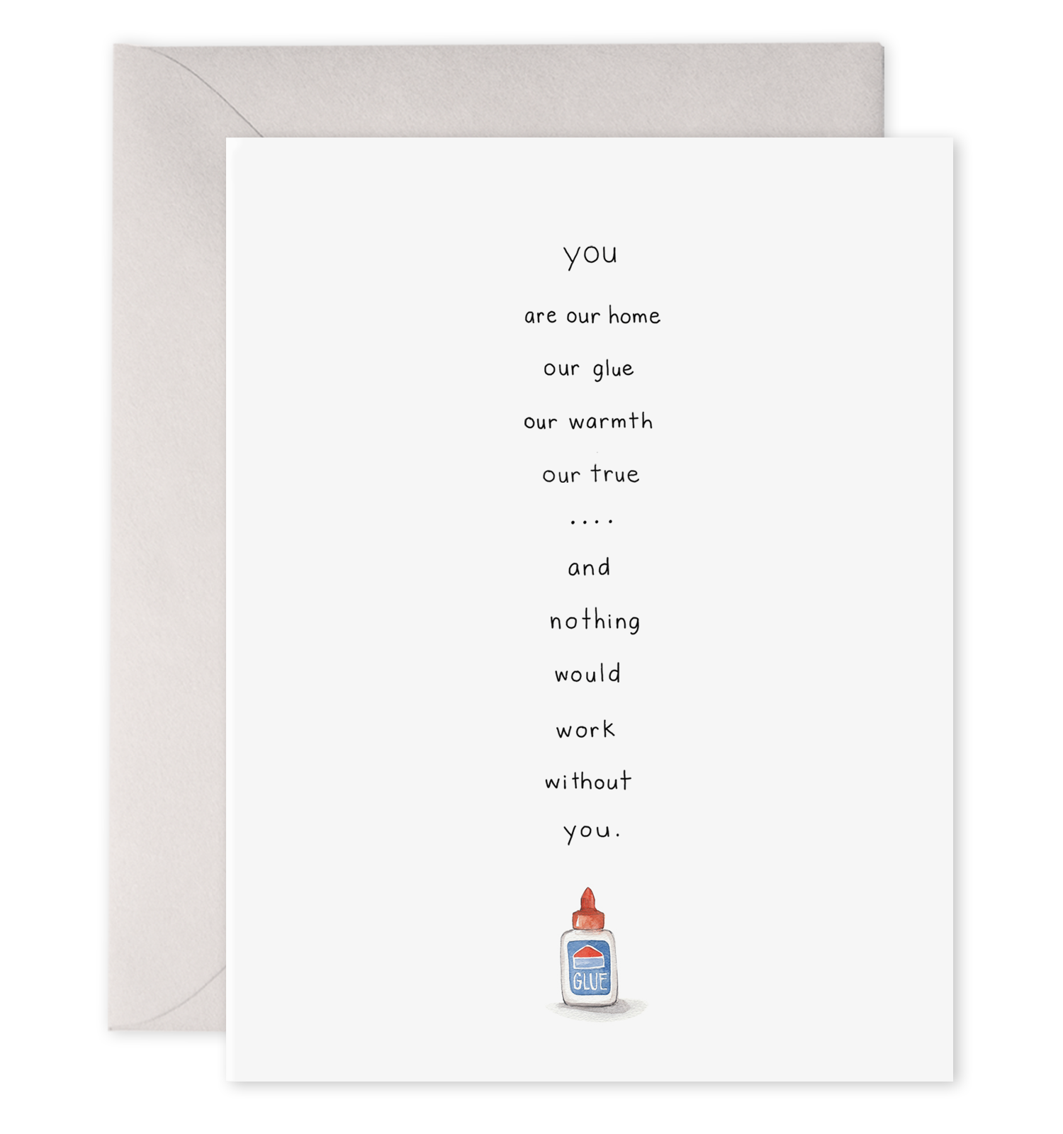 Greeting card with a bottle of glue illustration and romantic text on a white background