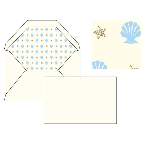 Set of stationery items with a starfish and shell design on a white background