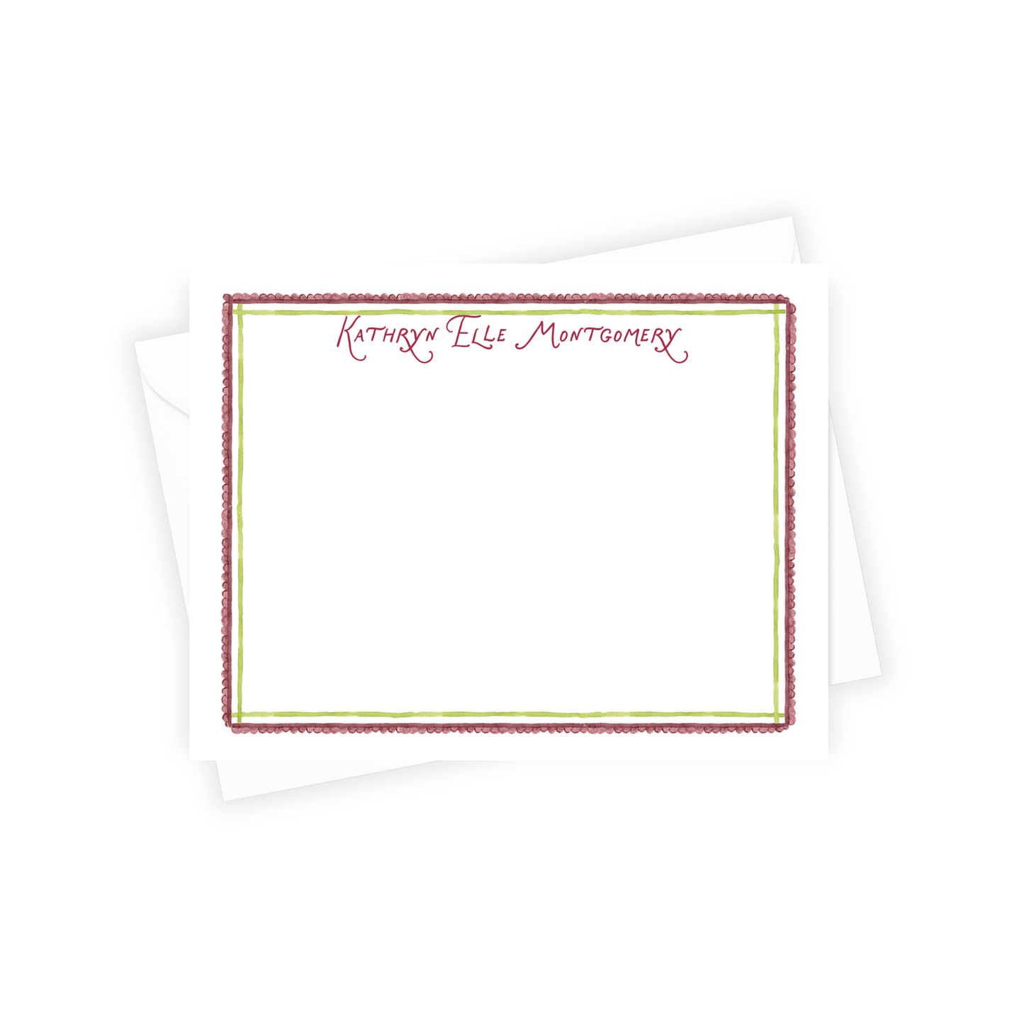 Personalized notepad with decorative border and name 'Kathryn Elle Montgomery' on a white background