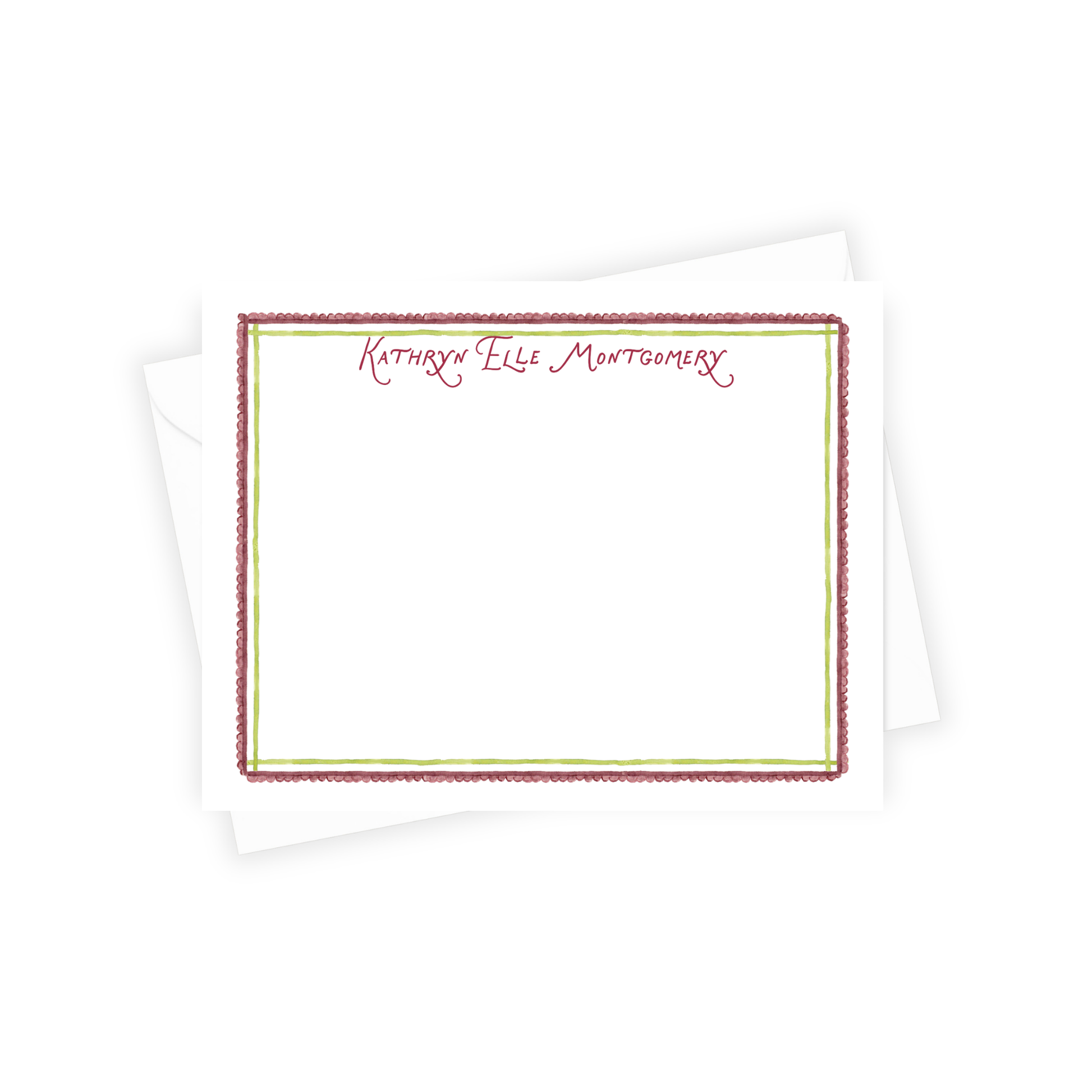Personalized notepad with decorative border and name 'Kathryn Elle Montgomery' on a white background