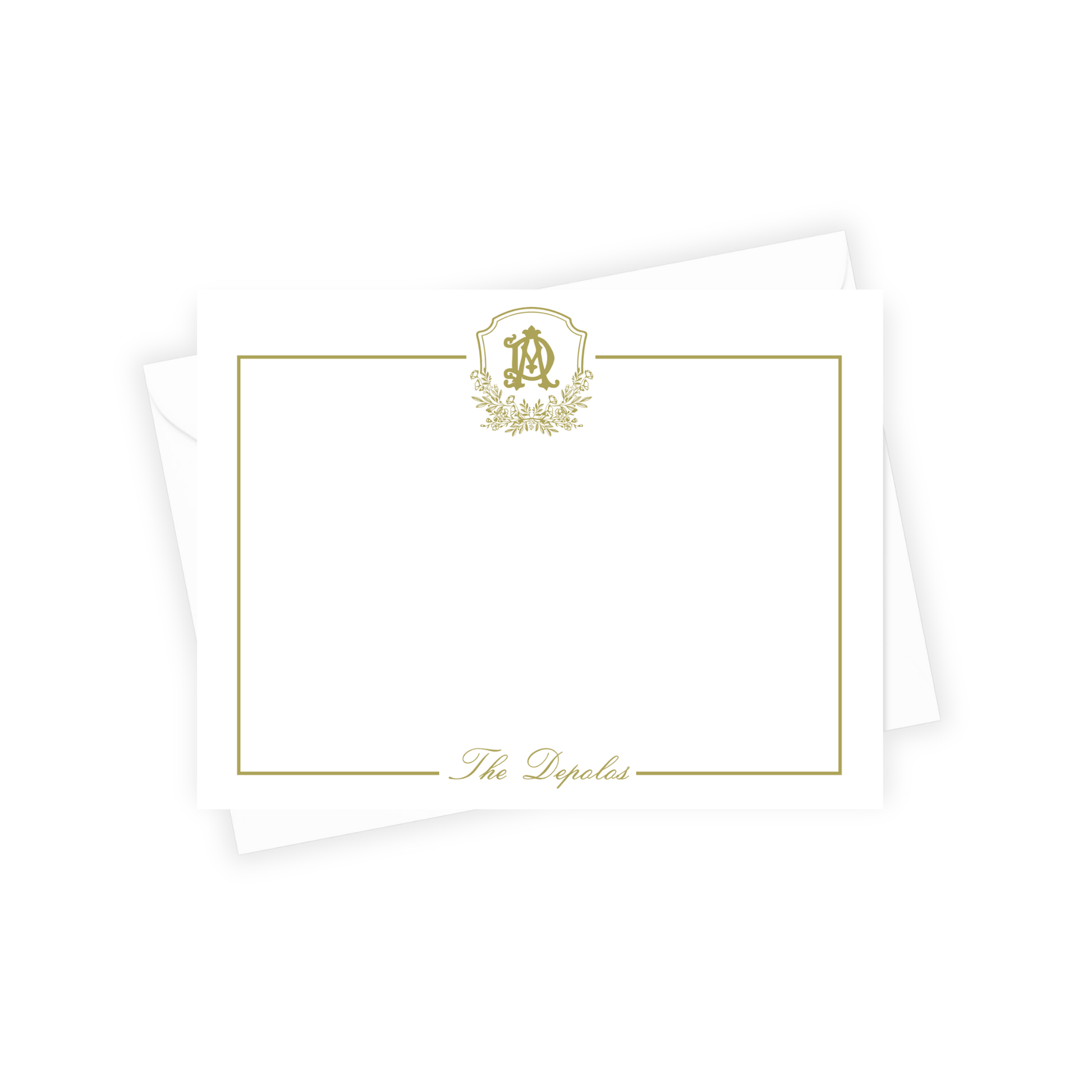 White pillow with gold emblem and text on a white background