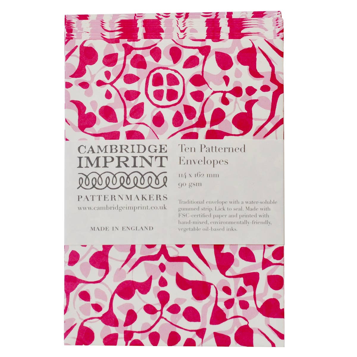 Pack of Cambridge Imprint patterned envelopes with pink and white design