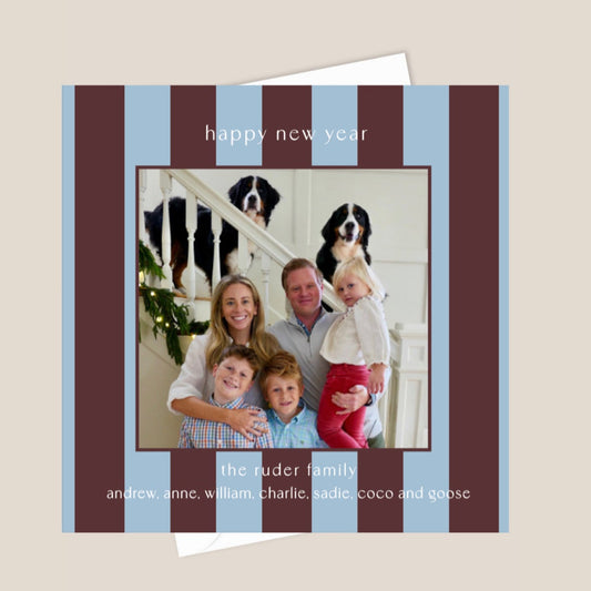 square holiday card with maroon and blue stripes custom card with picture