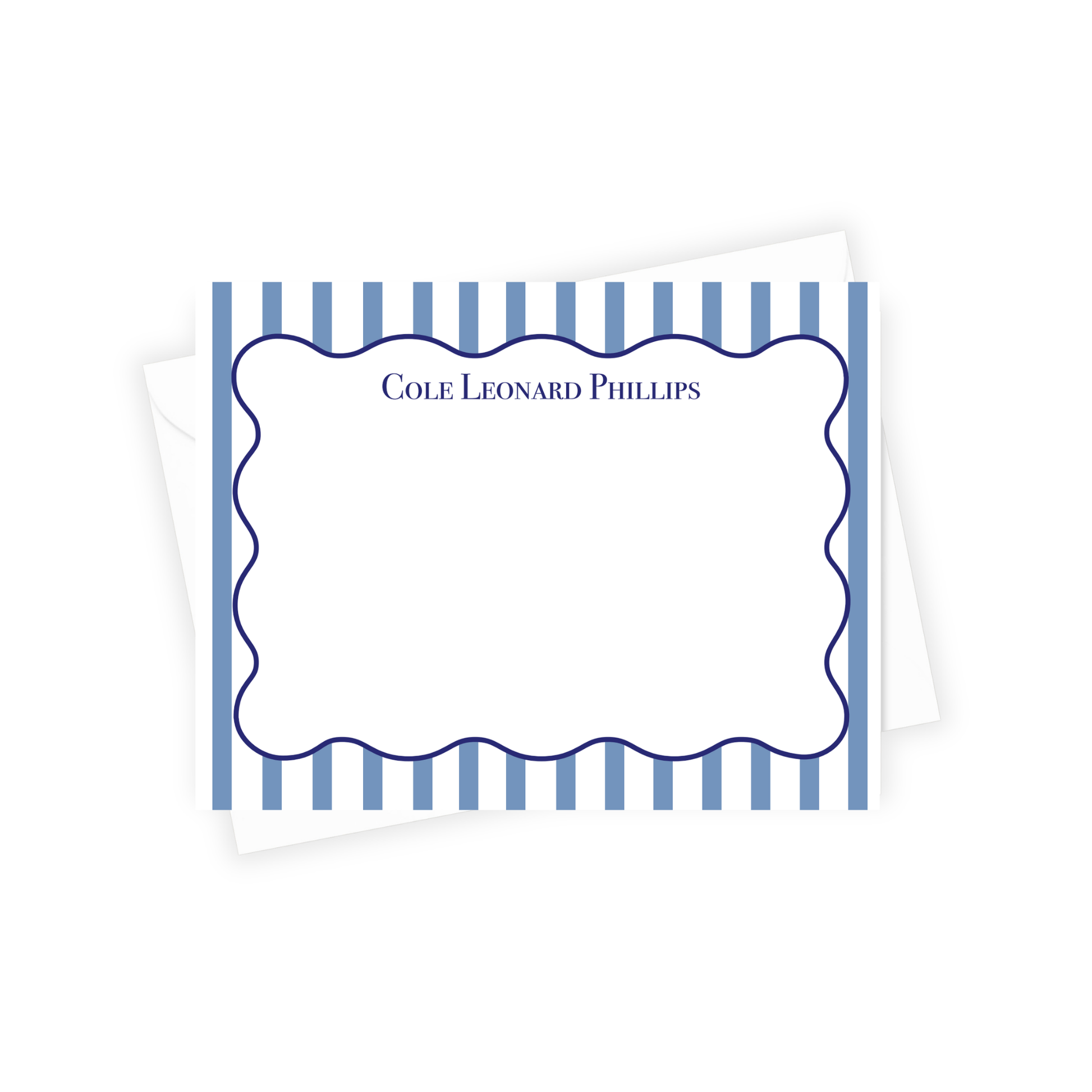 Note card with blue and white striped border and personalized name in the center on a white background