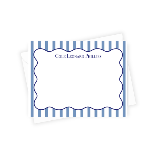 Note card with blue and white striped border and personalized name in the center on a white background