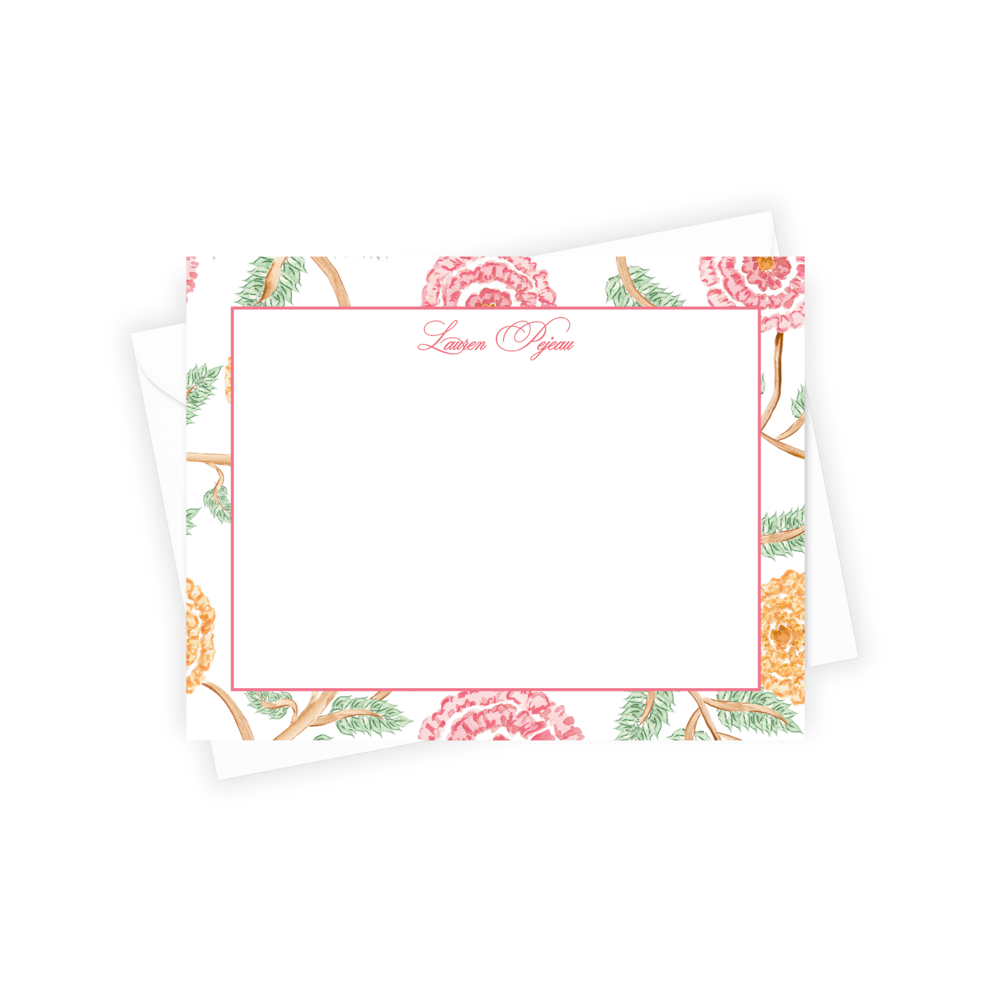 Floral border design with a brand name on a white background