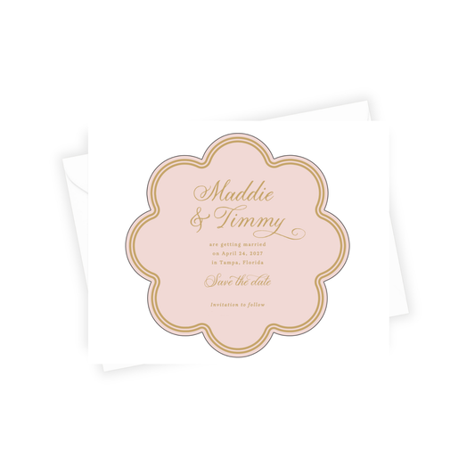 Pink and gold 'Save the date' card with personalized text on a white background