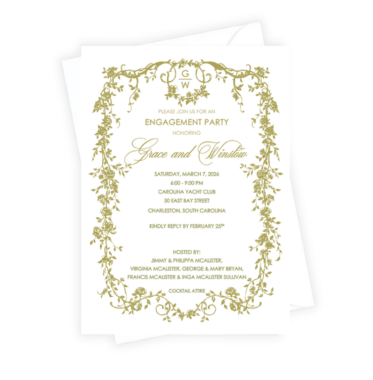 Invitation card with gold floral design and text on a white background