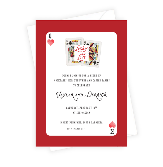 Wedding invitation with playing card design on a white background