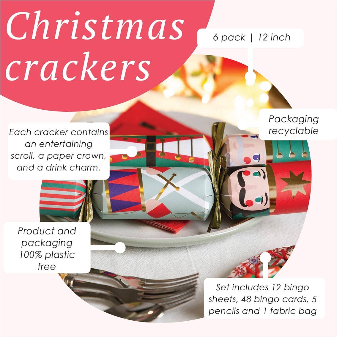 Talking Tables USA - Home, Birthday, Games & Seasonal Decor - Nutcracker 3 Design Christmas Crackers - 6 Pack | Christmas Decor |