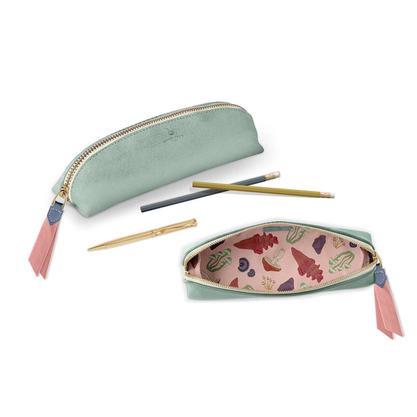 Two pencil cases, one green and one with a colorful design, on a white background.