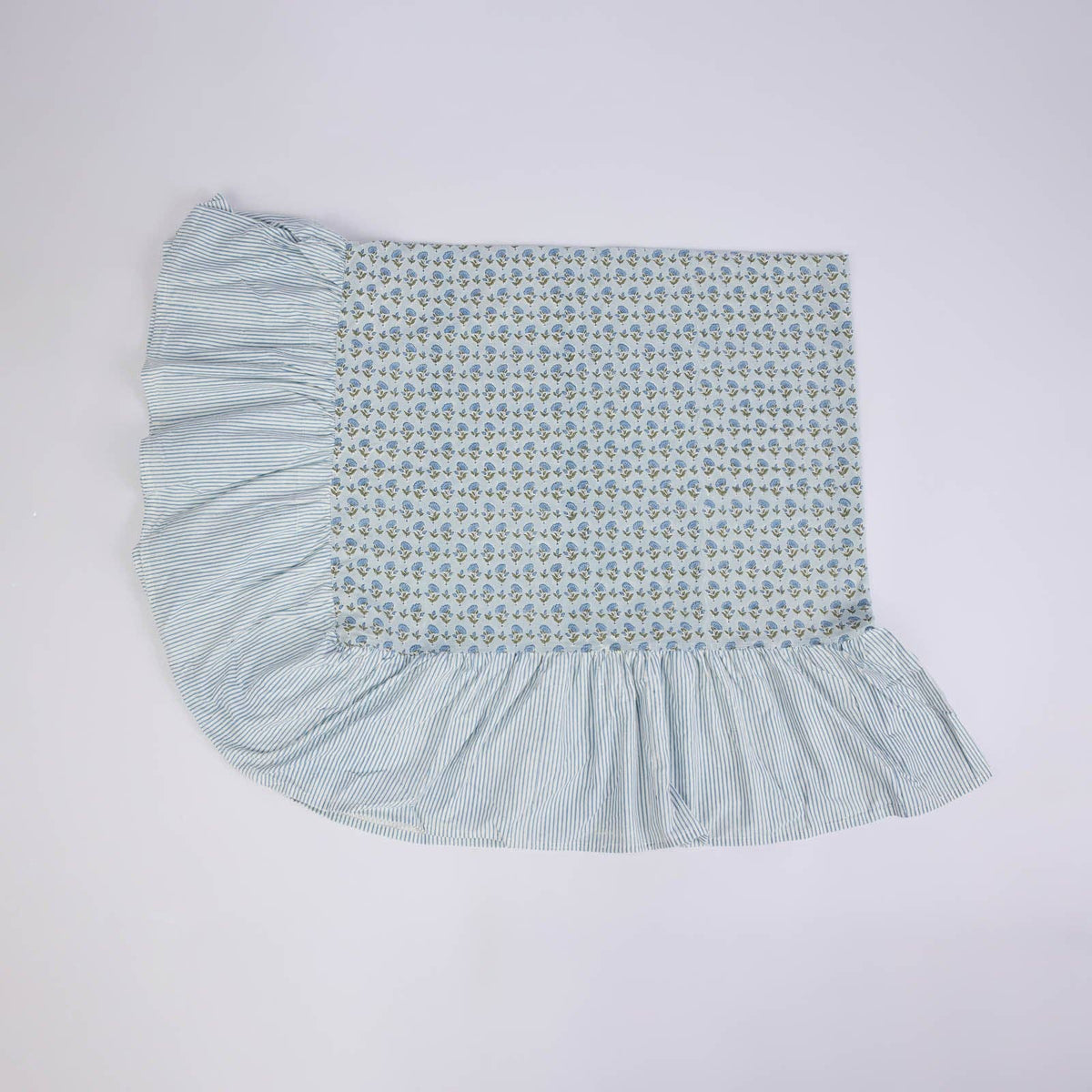 Block Printed Ruffled Tablecloth - Ditsy Floral Blue Stone