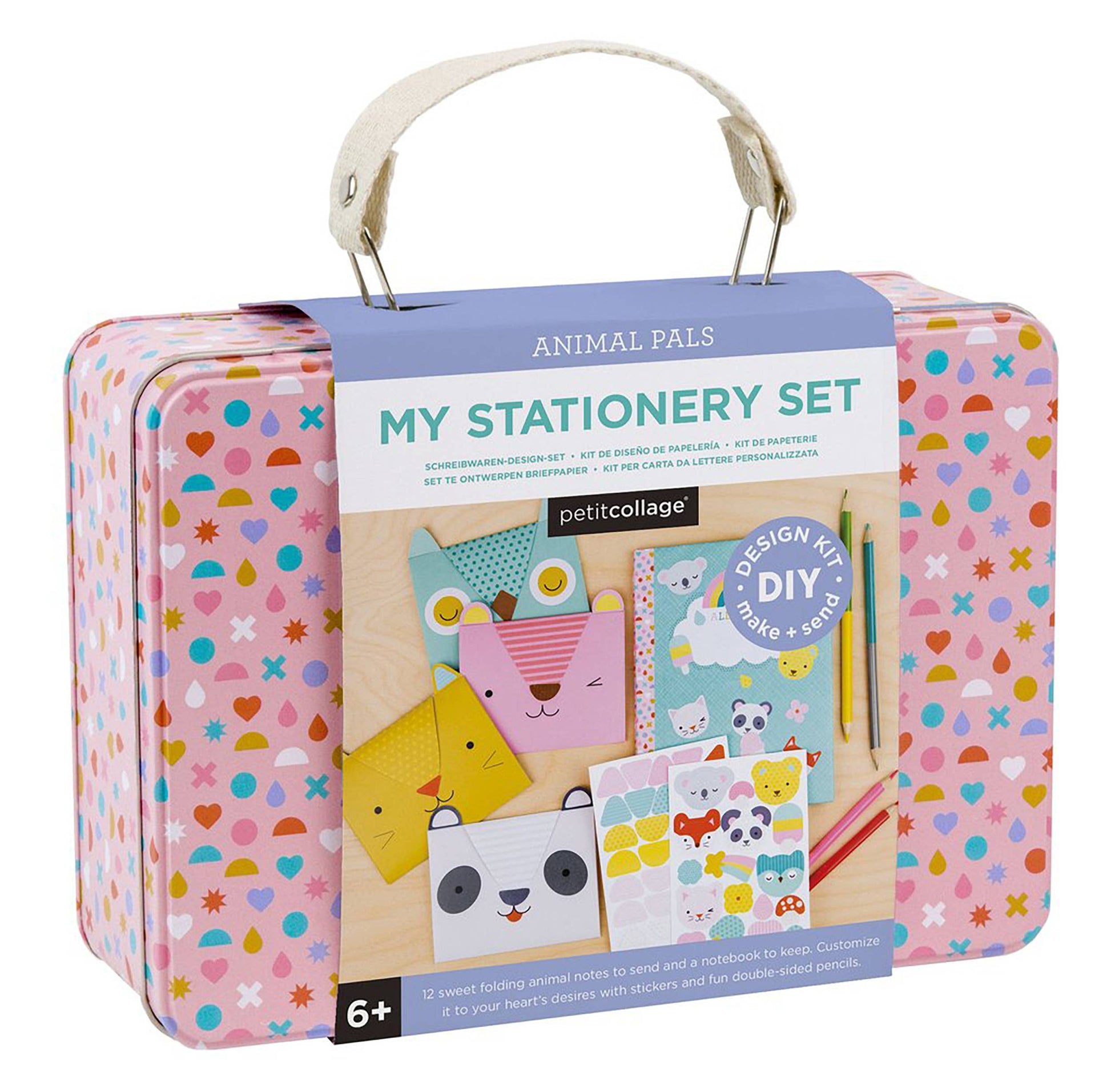 Petit Collage stationery set packaging with colorful patterns and animal designs.