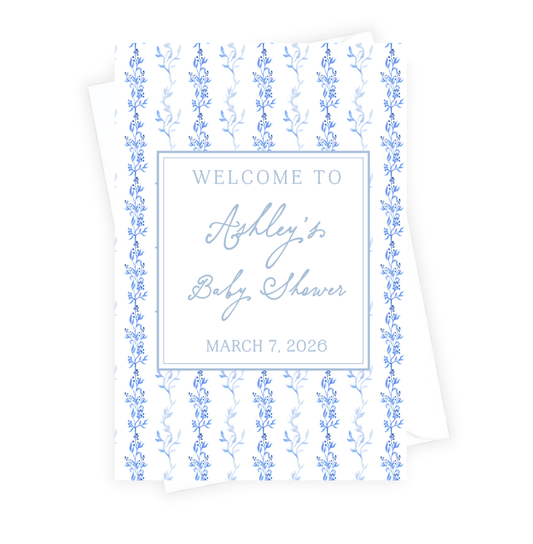 Baby shower welcome sign with blue floral border and text