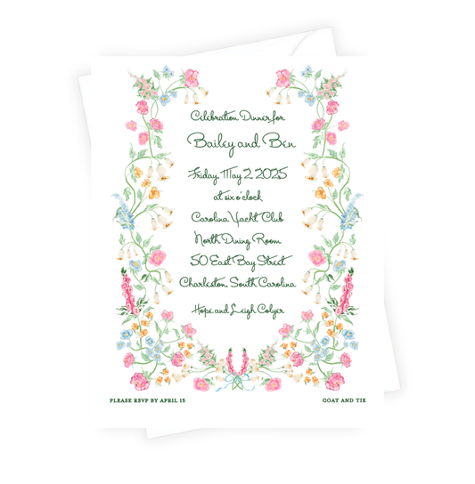 Floral invitation card with event details on a white background
