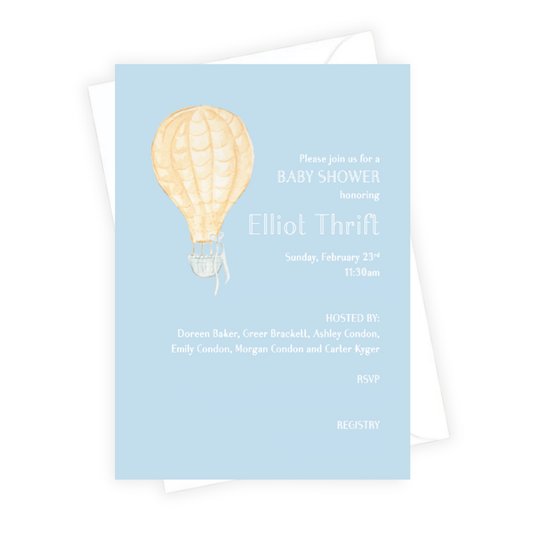 Baby shower invitation with hot air balloon design on a light blue background
