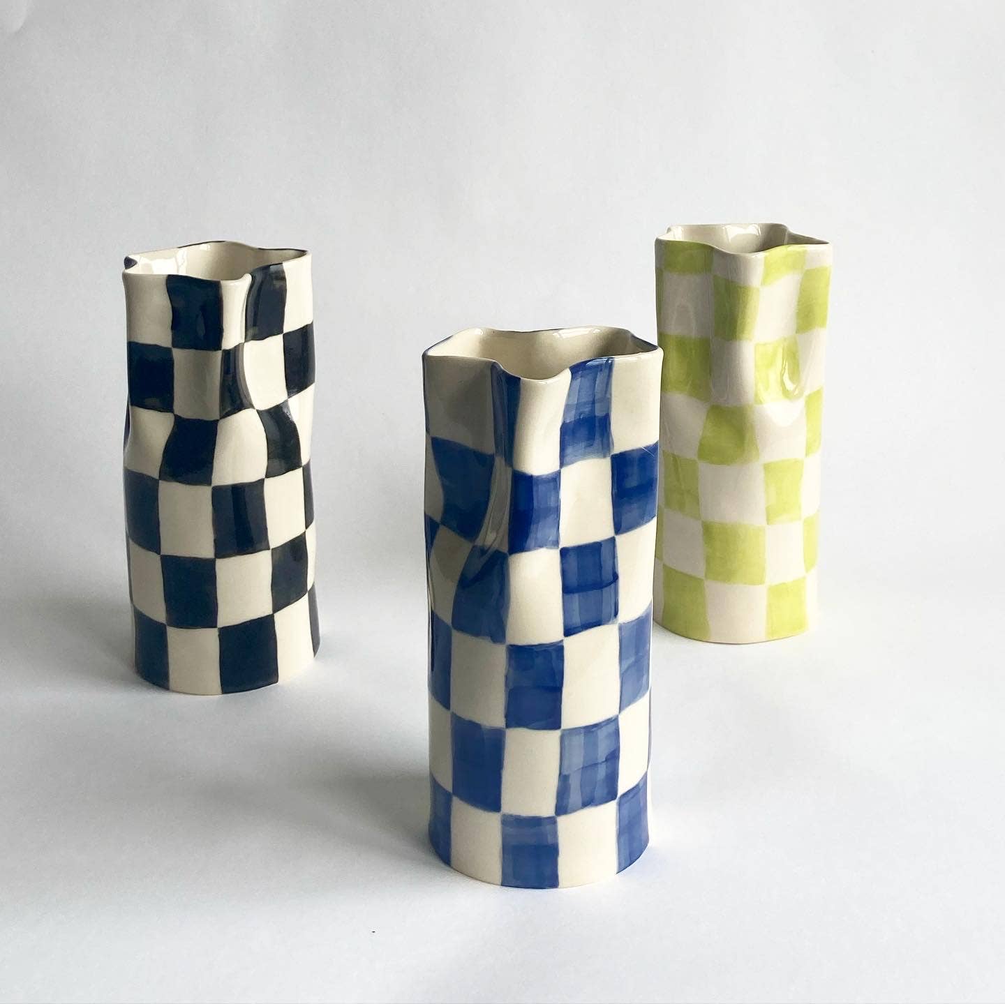 Alicja Ceramics - Ceramic Vase with checkers: Small / navy blue