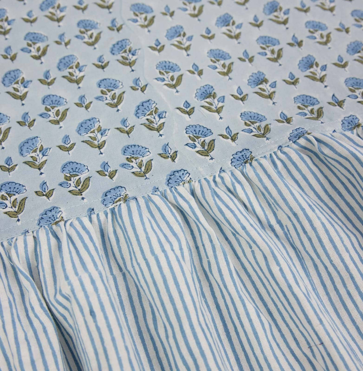 Block Printed Ruffled Tablecloth - Ditsy Floral Blue Stone