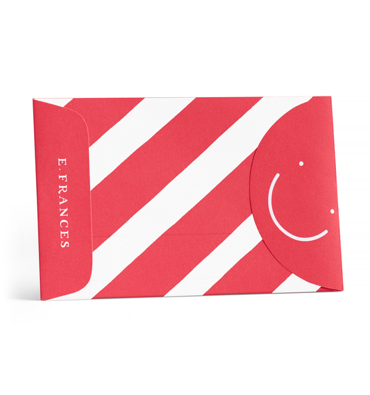 Red and white striped card with 'E. Frances' branding on a white background