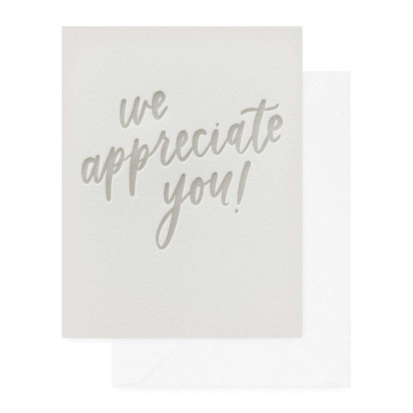 White card with 'we appreciate you!' text in gold on a white background
