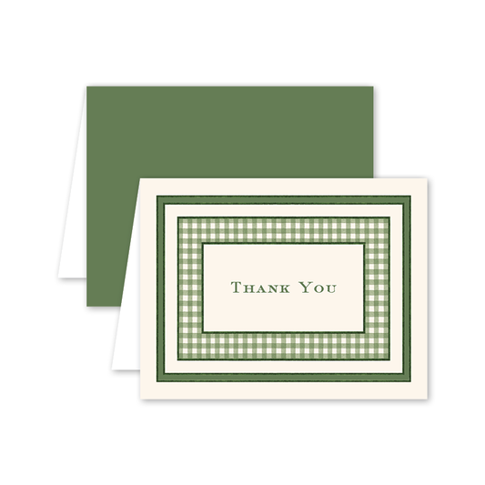 Green and white checkered border thank you card with matching envelope on a white background