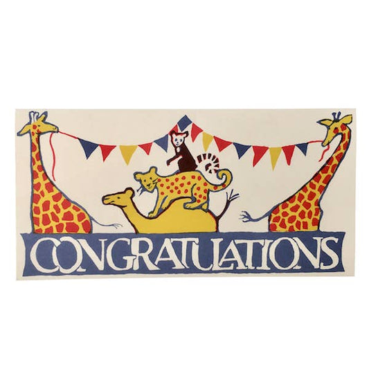 Vintage-style 'Congratulations' card with animals and bunting on a white background