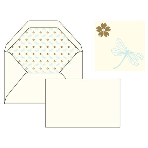 Set of stationery items including an envelope with a floral pattern, a card with a dragonfly design, and a matching envelope liner.