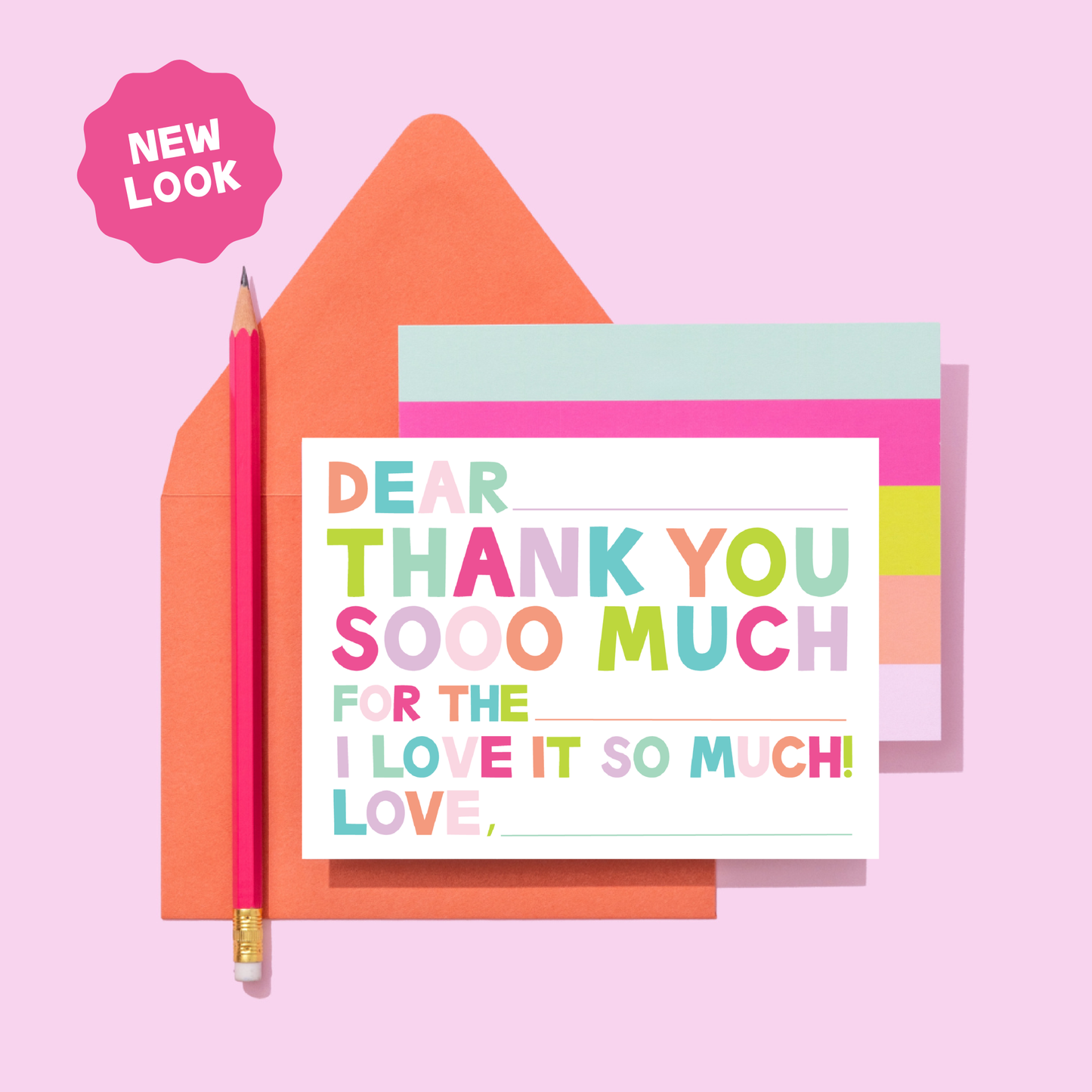 Colorful card with 'Dear Thank you sooo much' text, pink envelope, and pencil on a pink background.