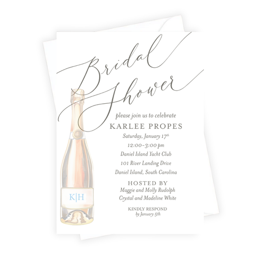 Bridal shower invitation with champagne bottle graphic and text details.