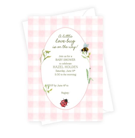 Baby shower invitation with ladybug and bee design on pink checkered background