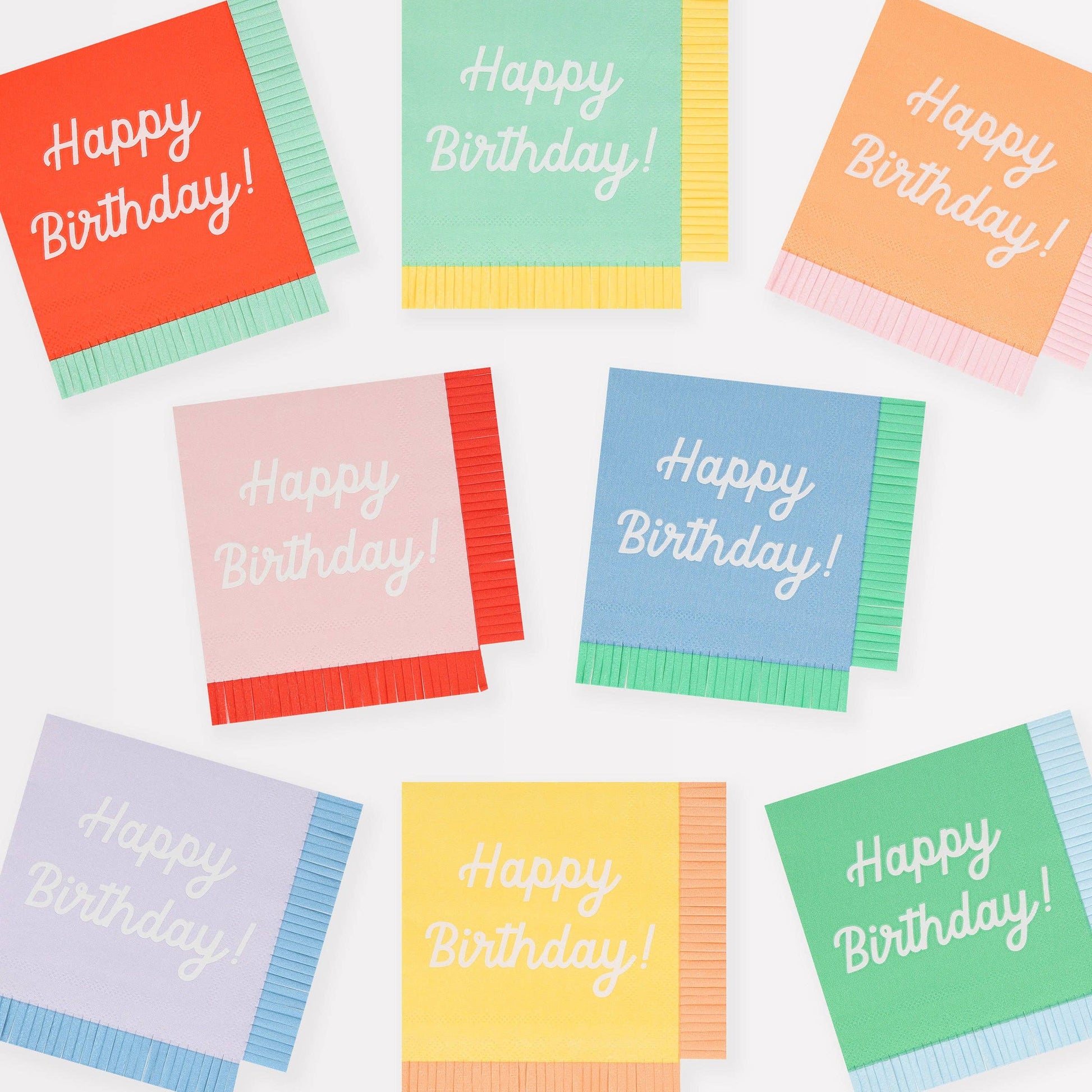 Colorful 'Happy Birthday!' napkins on a white background