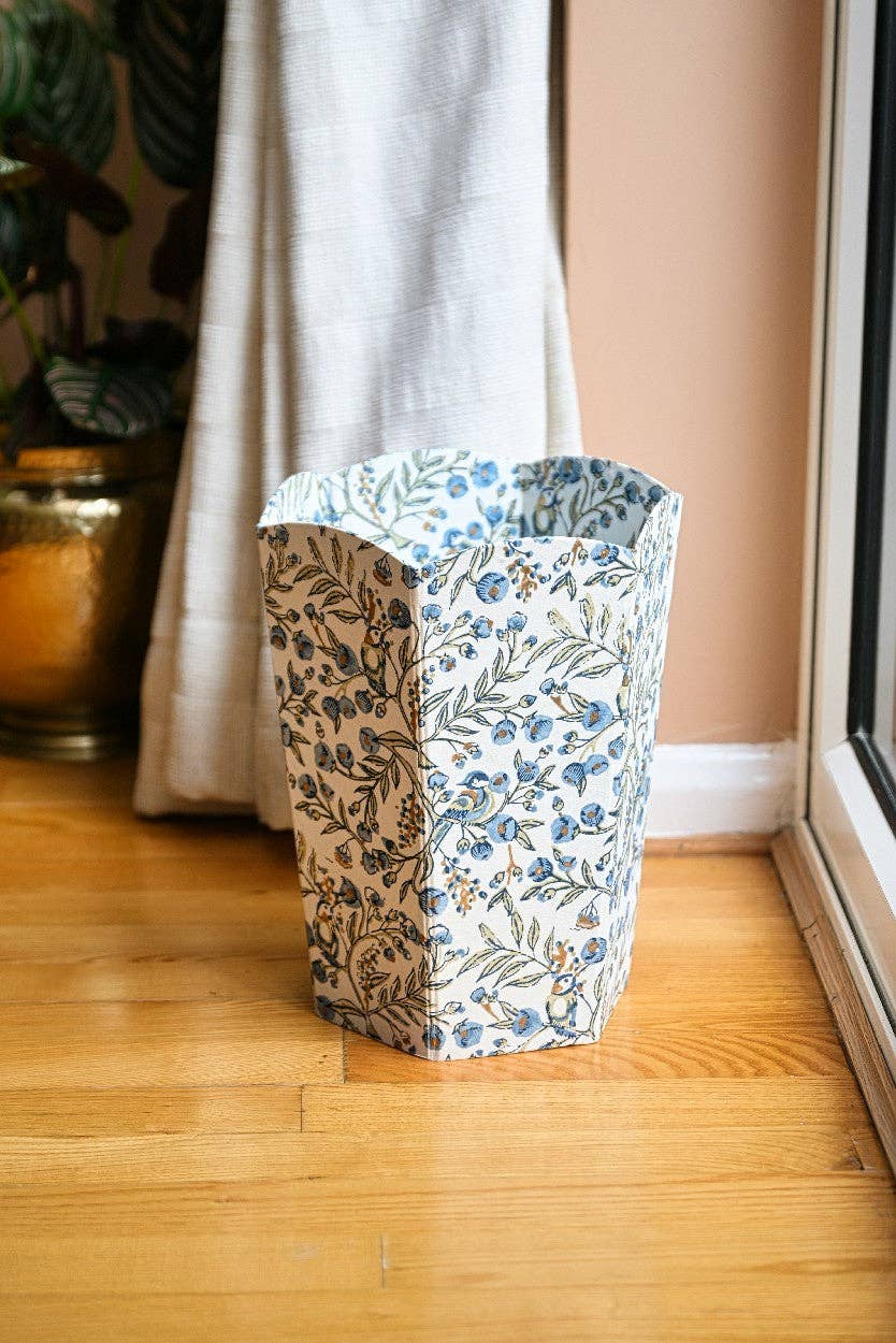 Block Printed Waste Paper Basket - Songbird Blue Stone