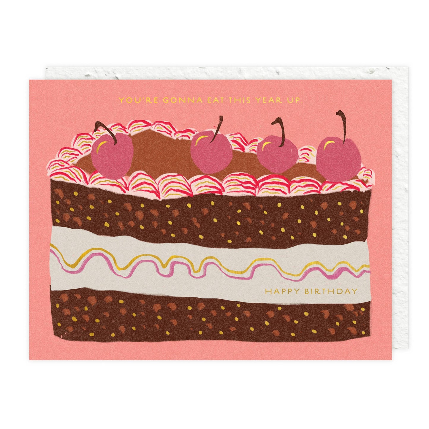 Birthday card with a cake illustration and text on a pink background