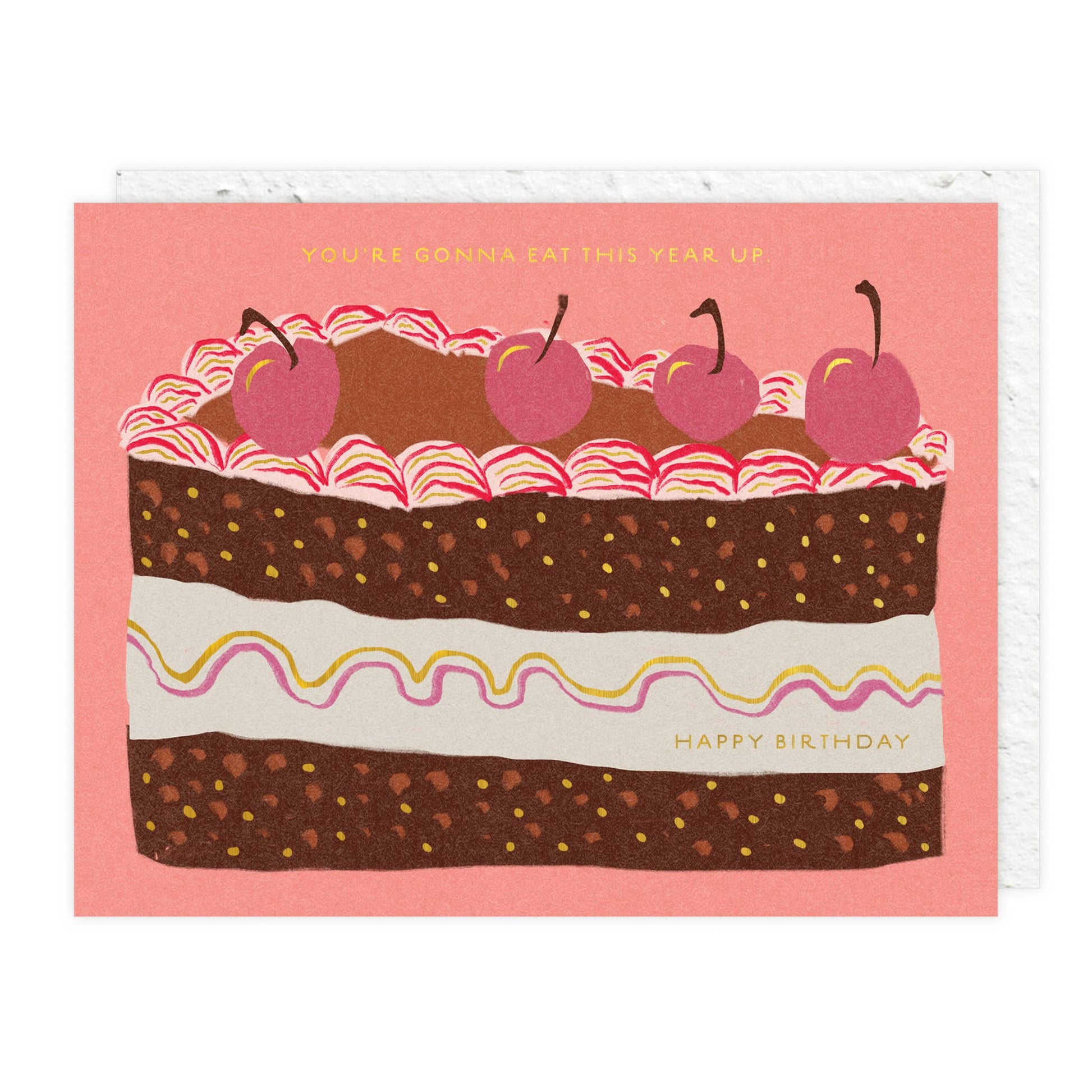 Birthday card with a cake illustration and text on a pink background
