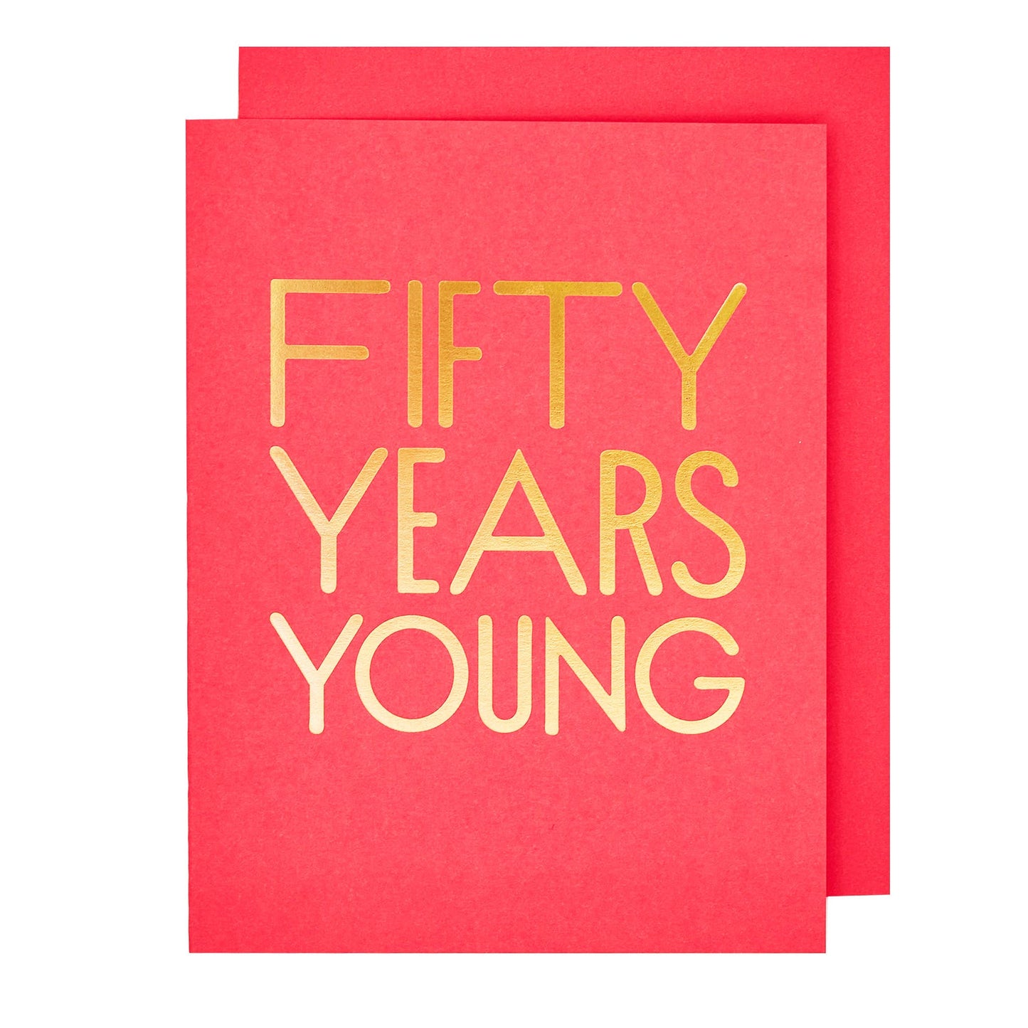 Red card with 'Fifty Years Young' text on a white background