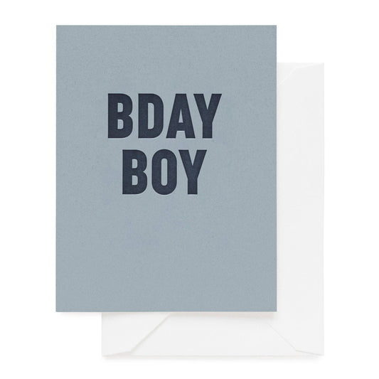 Greeting card with 'BDAY BOY' text on a light blue background