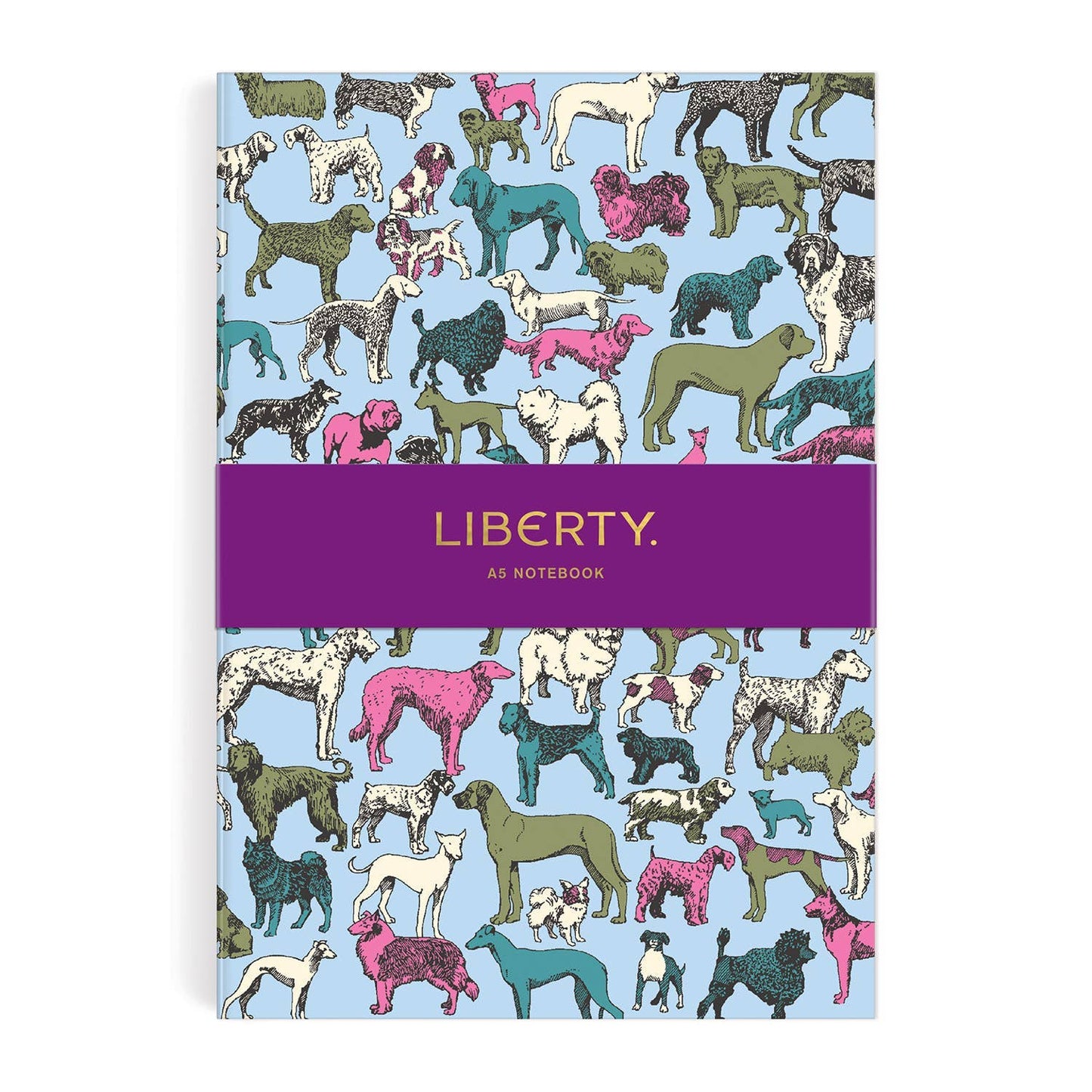 Notebook with colorful dog pattern and 'Liberty' branding on a blue background