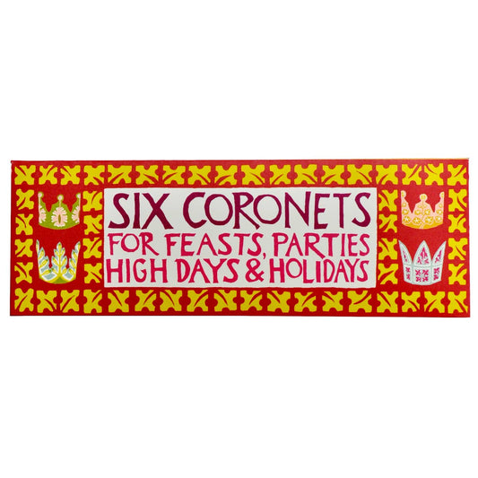Decorative banner with text 'Six Coronets for Feasts, Parties High Days & Holidays' on a red background with yellow patterns.