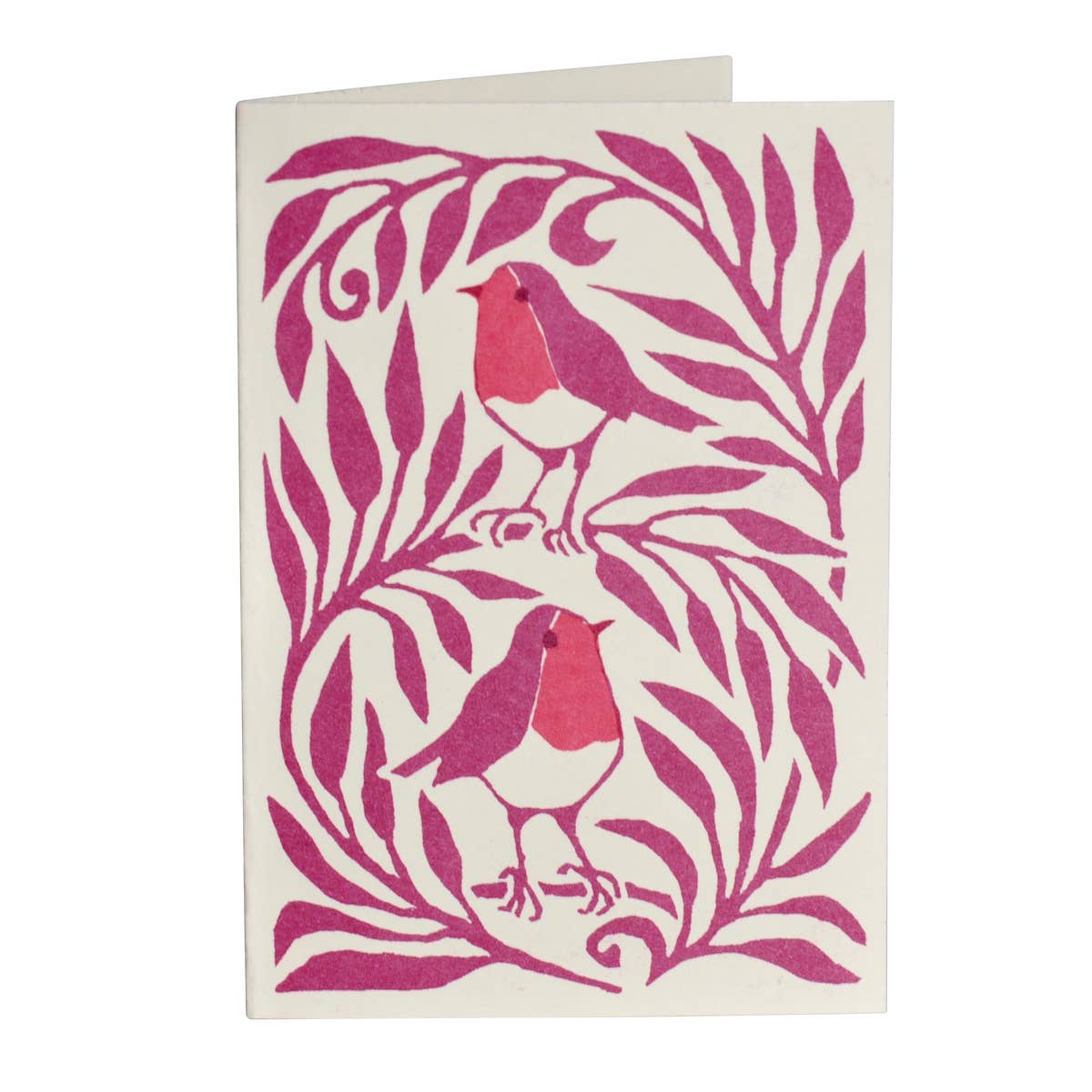 Card with pink and white robin design on a white background