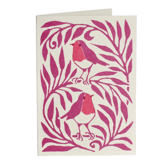 Card with pink and white robin design on a white background