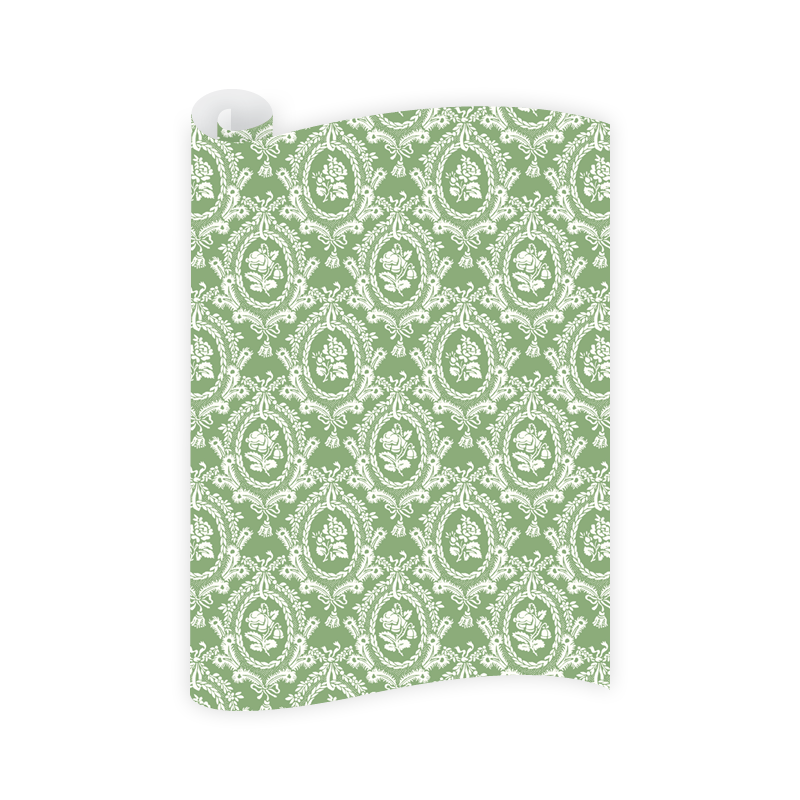 Patterned green and white fabric swatch on a white background