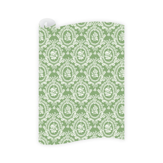 Patterned green and white fabric swatch on a white background