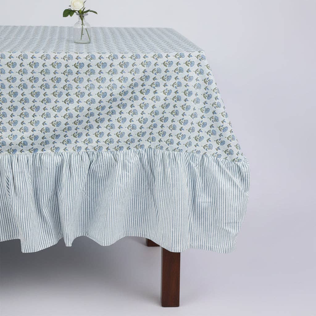 Block Printed Ruffled Tablecloth - Ditsy Floral Blue Stone