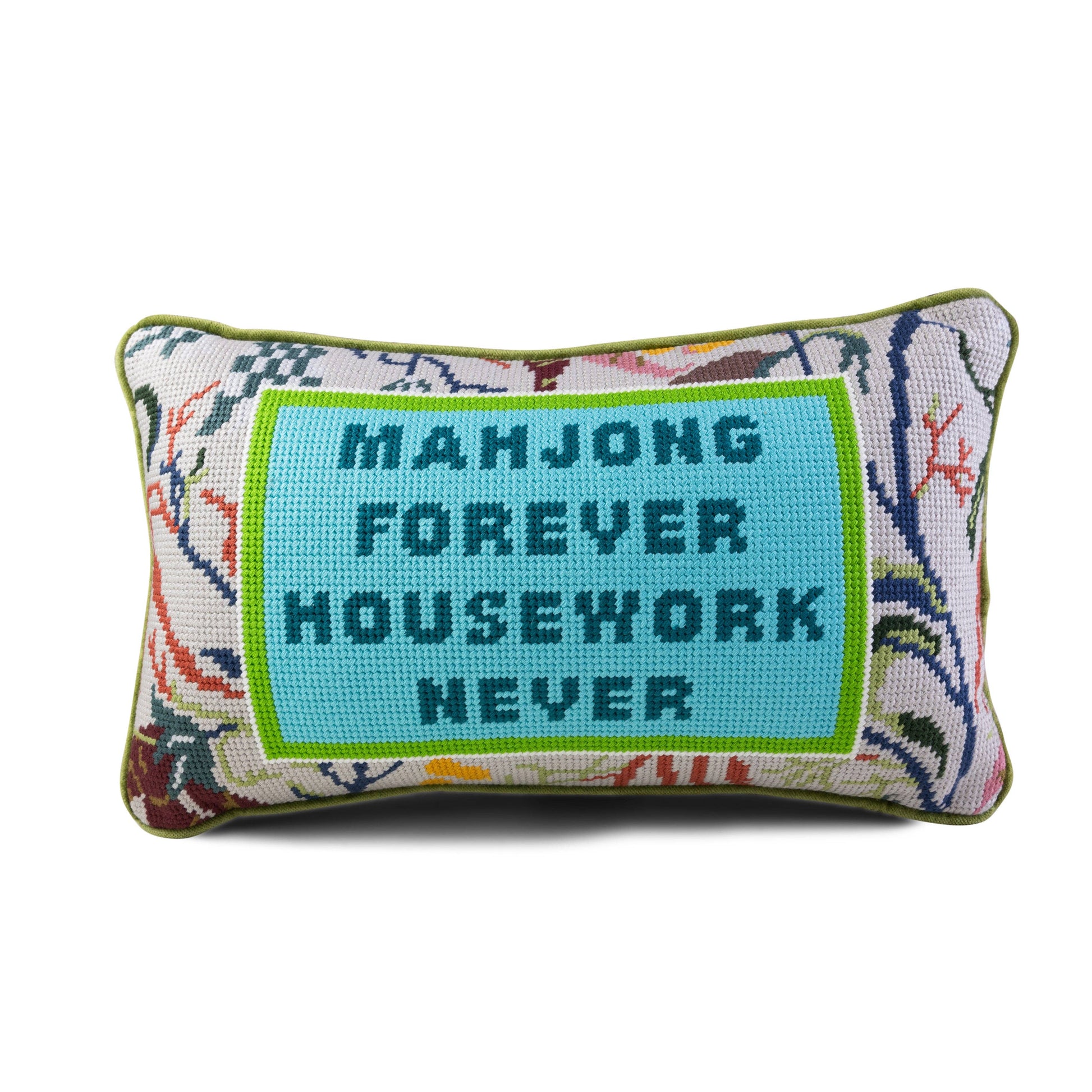 Decorative pillow with text 'MAHJONG FOREVER HOUSEWORK NEVER' furbish pillow